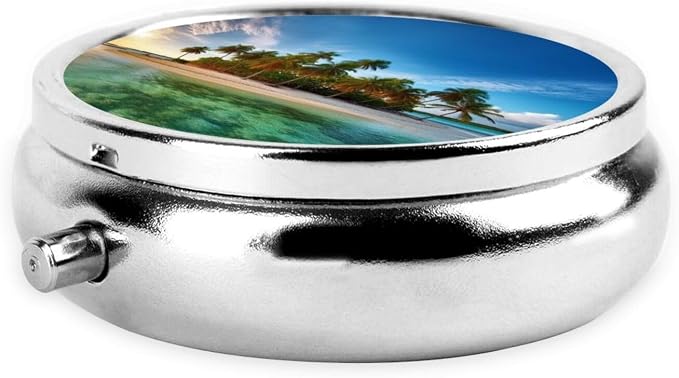Round Pill Box Overseas Islands Pill Case for Purse & Pocket 3 Compartment Pill Organizer Portable Travel Pillbox Medicine Pill Holder Container for Daily Vitamin Cod Liver Oil Storage