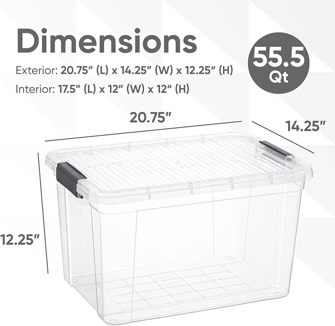 Superio Clear Storage Boxes with Lids, 49 Quart Plastic Container Bins for Organizing, Stackable Crates, BPA Free, Non Toxic, Odor Free, Organizers for Home, Office and Dorm, 5 Pack