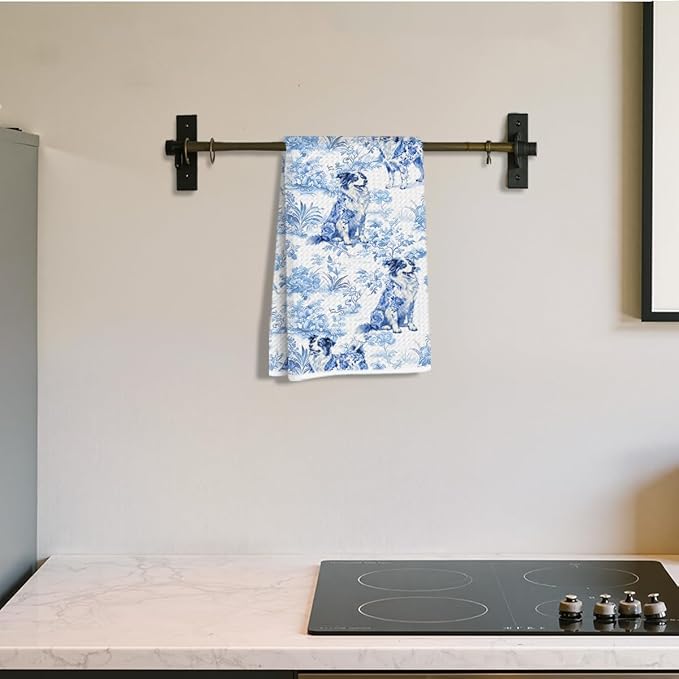 Chinoiserie Border Collie Kitchen Towels 24x14 Inch, Border Collie Gifts Reusable Dish Towels for Kitchen Decor, Blue and White Floral Waffle Weave Botanical Hand Towel, Funny Dog Gifts for Women Mom