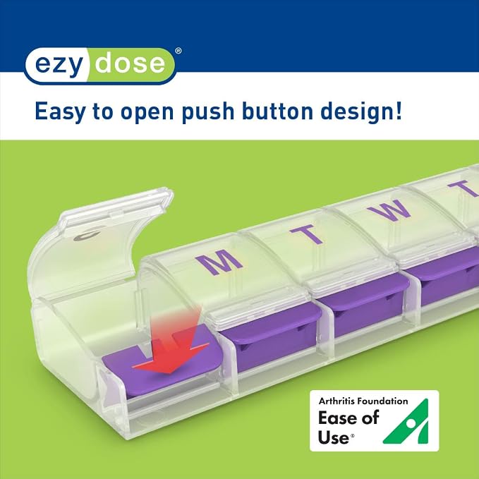 EZY DOSE Weekly (7-Day) Pill Case, Medicine Planner, Daily Vitamin Organizer Box, X-Large Push-Button Compartments, Convenient and Easy to Use, Arthritis Friendly, Clear Lids, Color May Vary, BPA Free