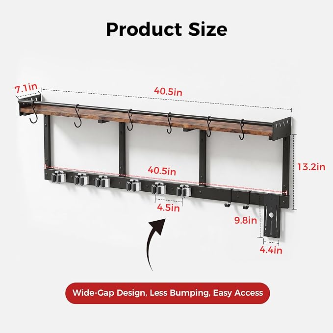 Broom Holder Wall Mount with Shelf,Broom Hanger,3 in 1 Broom and Mop Organizer Wall Hanging for Laundry,Garage,Utility,Broom Rack,Vacuum Stand Alternative,Cleaning Supplies Organizer Storage,Black,XL