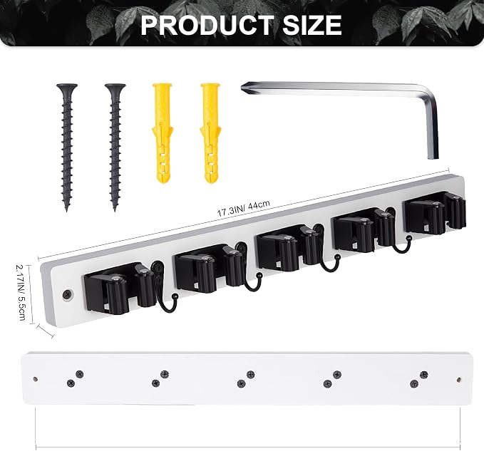 FunCee Broom Holder Wall Mount With 5 Slots & 4 Hooks，Rustic Wood Broom & Mop Hanger，Wall Mounted Garden & Garage Tool Storage Organizer Rack for Closet Laundry Room or Kitchen Wall Decor White