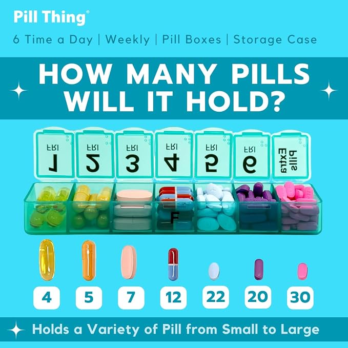 6 Times a Day Weekly Pill Box Organizer Case, Secure 7X Pillbox with Medication Schedule (6 Time-a-Day)