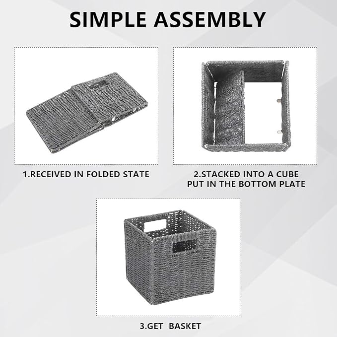 6 Pack 8.7 Inch Wicker Baskets, Paper Rope Storage Baskets | Foldable Cube Storage Bins Organizer Square Wicker Cubes for Shelves Pantry Organizing & Decor (Gray)