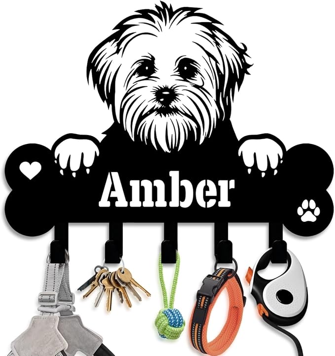 NIWAHO Dog Leash Holder Wall Mount Personalized Name - Custom Maltese Metal Sign with Bone Key Hooks, Pet Leash and Key Organizer for Entryway