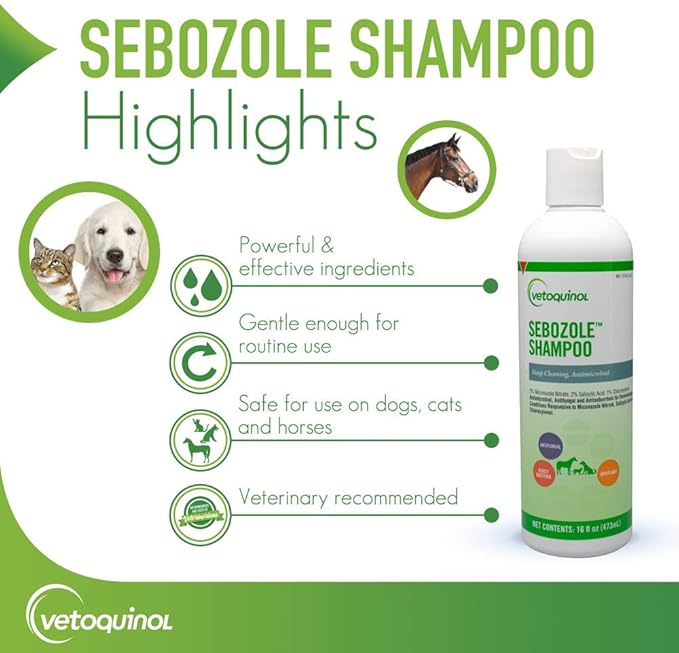 Vetoquinol Sebozole Shampoo - Deep Cleansing Shampoo for Dogs, Cats & Horses - Gentle Formula with Effective Ingredients for Routine Use - Sulfate-Free & Liquid Form - 16oz