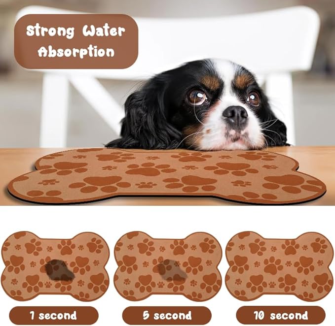 Dog Food Mats for Floors Waterproof, Pet Feeding Absorbent Water Bowl Mat Cat Placemats Brown Bone Shape 19 * 12 inch