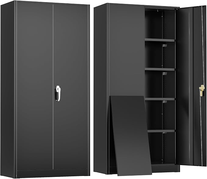 Greenvelly Metal Garage Storage Cabinet, 72'' Tall Storage Cabinet with 2 Doors and 4 Adjustable Shelves, Steel Lockable Tool Cabinets for Home Office, Garage, Basement, School (Black)