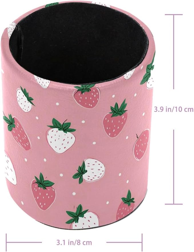Faux Leather Pen Holder for Desk, Pencil Organizer Pink Strawberries Pen Cup Desk Decor Makeup Brush Holder Storage for Office Home