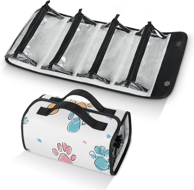 Paw Print Makeup Bag for Women Hanging Roll-Up Travel Organizer Toiletry Kit with 4 Removable Compartments, Puppy Dog Paw