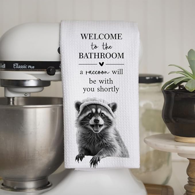KIDEAR Funny Raccoon Bathroom Decor Welcome to The Bathroom Hand Towel,1 PCS Cute Raccoon Kitchen Towels for Toilet Wall Decorations,Cute Animal, Gifts for Women, Pet Owners Housewarming - A01