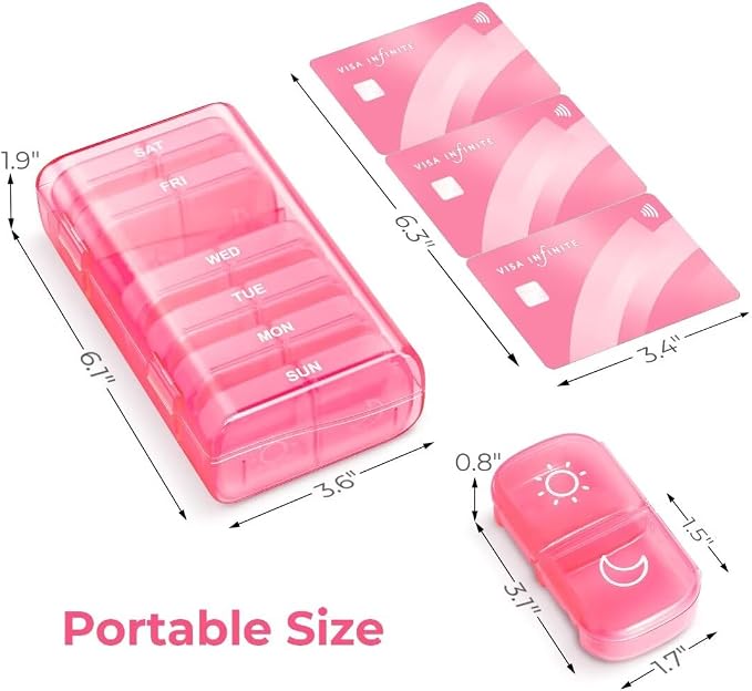 AUVON Weekly Pill Organizer 2 Times a Day, One-Side Large Opening, Easy‑Use | XL AM PM Pill Case, Travel Pill Box 7 Day, Medication Organizer for Medications, Vitamins, Fish Oils, Supplements, Pink