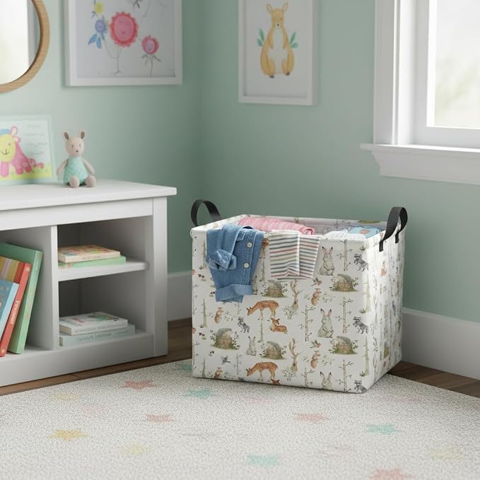 Rectangular Valentines Basket Fabric Storage Bin Storage Boxes Collapsible Storage Basket for Clothes Books Shelves Basket(Woodland Animal)