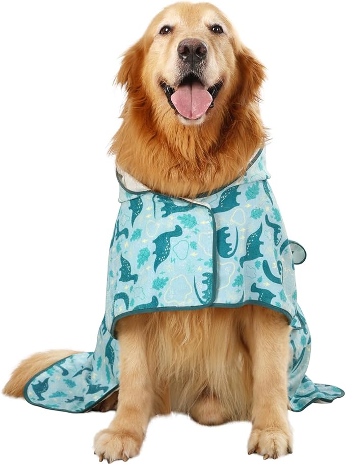 HDE Dog Bathrobe Super Absorbent Quick Drying Puppy Towel Wrap Coat Adjustable After Bath Robes with Hood for Dog Sizes S-XXL Dinosaurs L