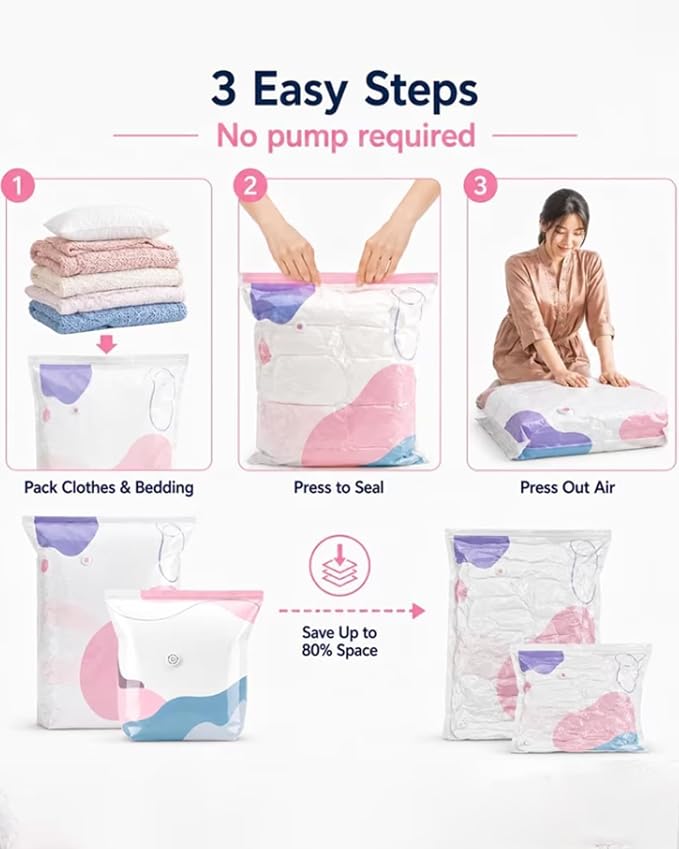 No Pump Vacuum Storage Bags, Heavy Duty Space Saver Bags for Bulky Bedding and Clothes, Press and Seal Compression Bags, No Pump Needed For Dorm And Home Organizing & Packing