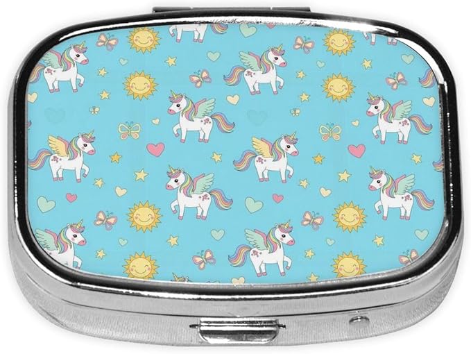 Cute Unicorn Pill Case Pill Box with Mirror Retro Pocket 2 Compartment Medicine Case Vitamin Pill Organizer for Pocket Purse and Travel Gifts