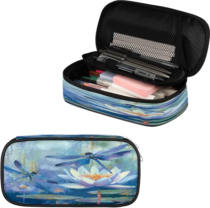 Cute Pencil Case for Girls Boys, Water Lilies Dragonfly Art Portable Pencil Bags Pouch Pen Case Organizer with Zipper for School College Office