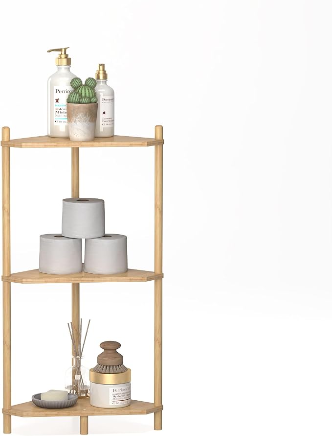 Wisuce Natural Small Corner Shelf Stand, 3-Tier Bamboo Corner Bookshelf | Space-Saving Narrow Corner Shelf | Bathroom Corner Shelf | Shelves for Bedroom, Living Room, Kitchen & Plant Display
