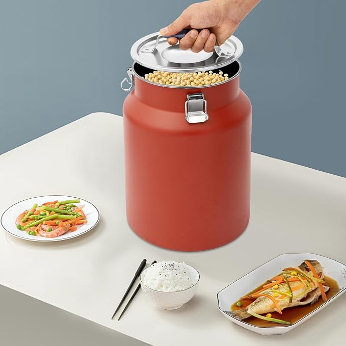 12L Stainless Steel Rice Storage Container with Airtight Lid&Handle, Red | Secure 3-Buckle Locking Lid, Portable Handle and Wide Opening, Stores Rice, Flour, Pet Food, Tea, Oil, Milk, Grains