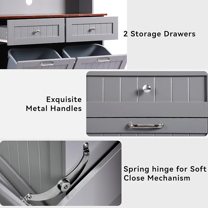 68.4" Kitchen Pantry Storage Cabinet, Freestanding Cupboard with Shelf, 2 Drawers and 2 Tilt Out Trash Cabinet, Tall Cabinets for Kitchen, Dinning Room, Living Room (Elegant Grey, Double Tilt)