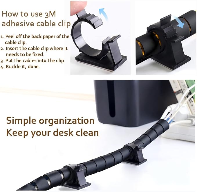 Large PC Cable Management Tube Sleeve Under Desk Wire Organizer for Cords 2 PCS Black, 1.1 inch -5 ft EZ Spiral Cable Wrap Cover Bundler w/Clips for TV Office, Pet Proof Cable Protector