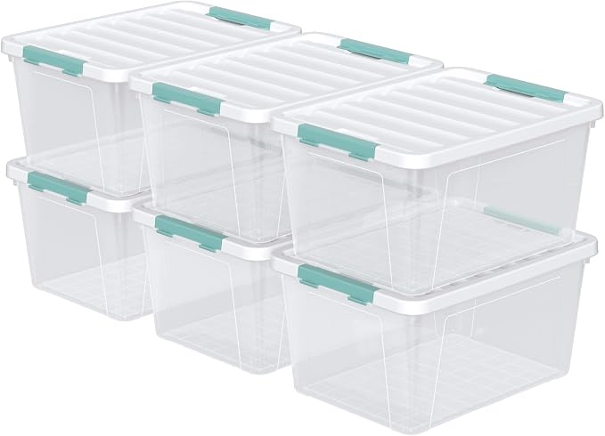 35 Quart Stackable Plastic Clear Storage Bins with Lids, 6 Packs | Plastic Latching Organization Tote Boxes