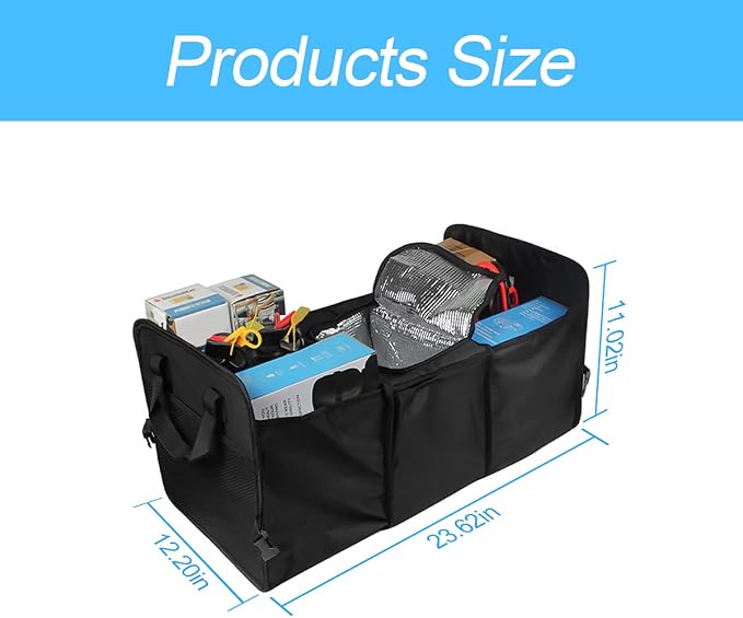 8sanlione Car Trunk Organizer, 3 Compartments, Insulated Section, Black | For sedans, SUVs, vans, woven fabric shell, side grips, light-item sorting, wipe-clean care, automotive interior accessories