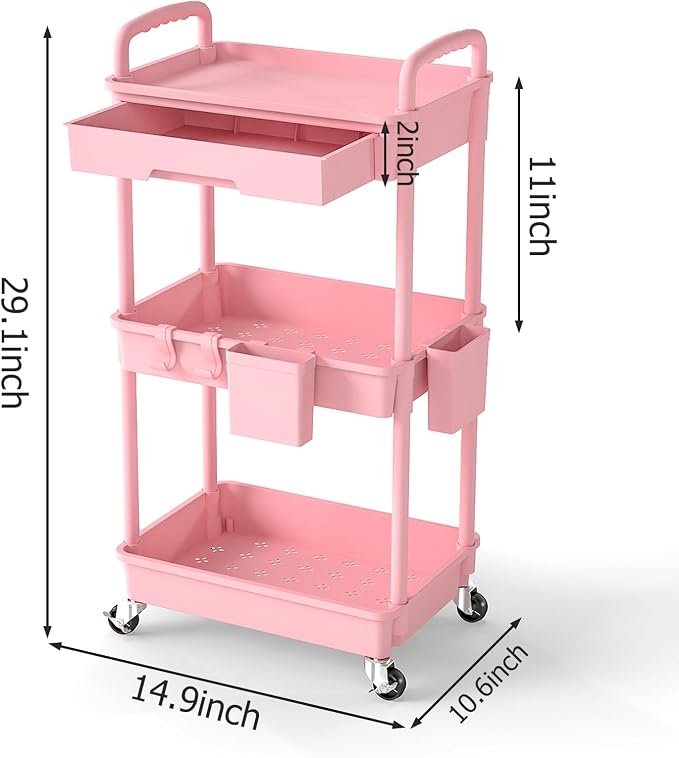 3 Tier Rolling Utility Cart with Drawer, Plastic Storage Organizer Rolling Carts with Wheels Handles Hanging Cups Hooks for Office, Bathroom, Kitchen,Craft Art Room (Pink)
