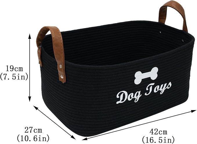 Large Dog Toy Basket, 100% Cotton Rope Dog Toy Storage Bin-Black | Dog Toy Box for Livingroom Area with Handle for organizing Pet toys,Blankets,Leashes,Pee Mats and Diapers-16.5"x10.6"x 7.5"