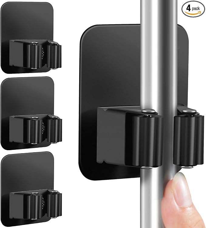 4 Pack Broom Holder Wall Mount, Improved Super Anti-Slip Mop and Broom Holder Wall Mount, Broom Hanger Gripper for Kitchen, Bathroom, Closet, Garden Garage, Black