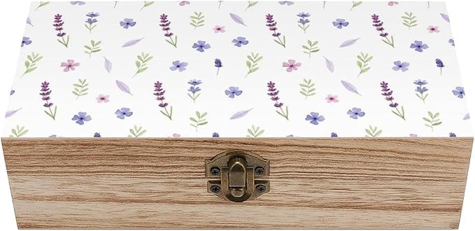 Wooden Keepsake Box with Lid Memory Storage Case, Purple Lavender Floral | Flower Botanical Jewelry Organizer Boxes, Gift Storage Case for Photo Letters Party Favor Supplies