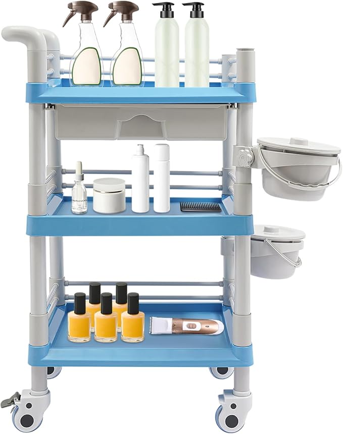 Mobile Salon Storage Cart with Wheel and Drawer, Portable 3-Tier Professional Trolleys, 176 Lbs Load Utility Tool, for Barber Stores, Spas, Homes, Beauty Store, Pet Shops (Blue)