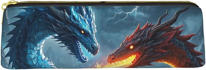 Leather Pen Case with Zipper - Aesthetic Pen Holder Ice Dragon and Fire Dragon Pencil Case for Women & Men - Handcrafted Pencil Bag Multi-Functional Travel Cosmetic Case for Work Office Tool Pouch