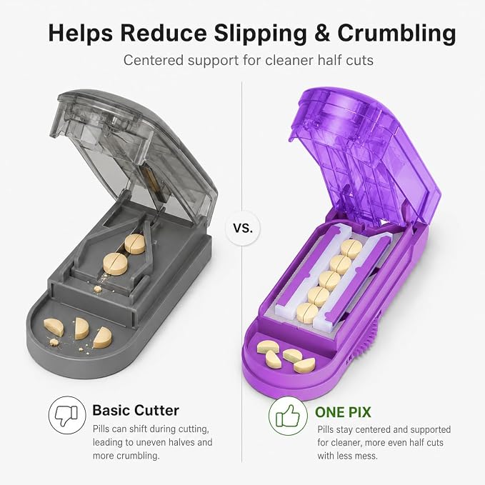 ONE PIX Pill Cutter Splitter for Small and Tiny Pills, Multiple Pill Splitter with Centering Device & Hidden Blade, Adjustable Tablet Cutter for Large Pills, Seniors, Pets, Purple
