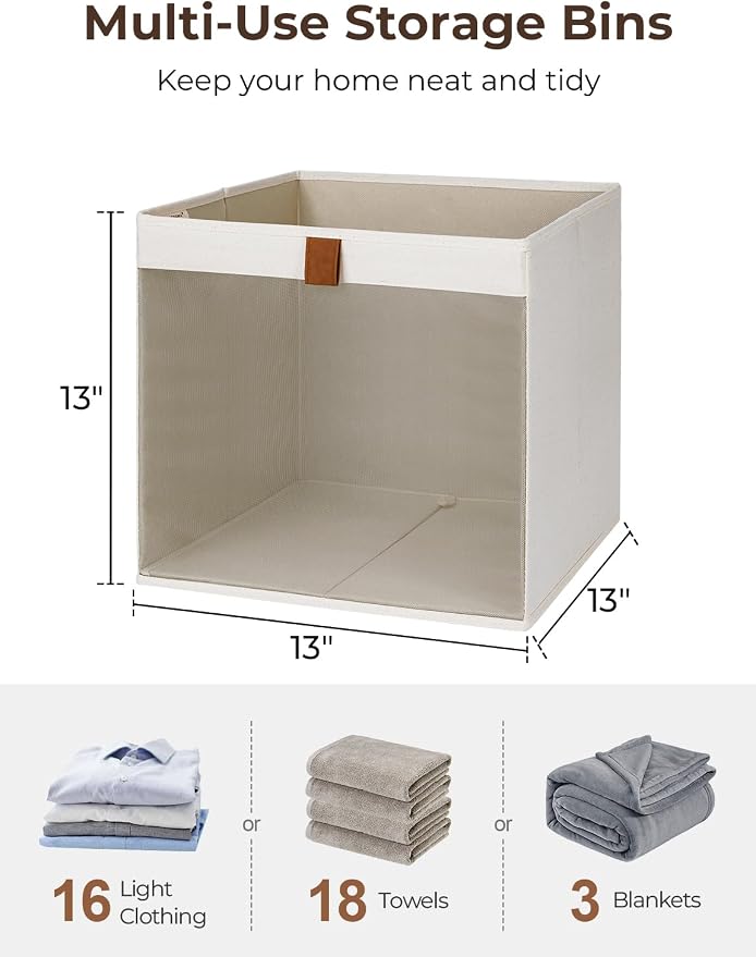 StorageWorks 13x13 Storage Cubes, Fabric Storage Bins, Beige, 3-Pack | Clear Window for Visibility, 2 Soft Leather Handles, Collapsible, Flip to Show/Hide, Storage Baskets for Closet, Shelf, Cubby