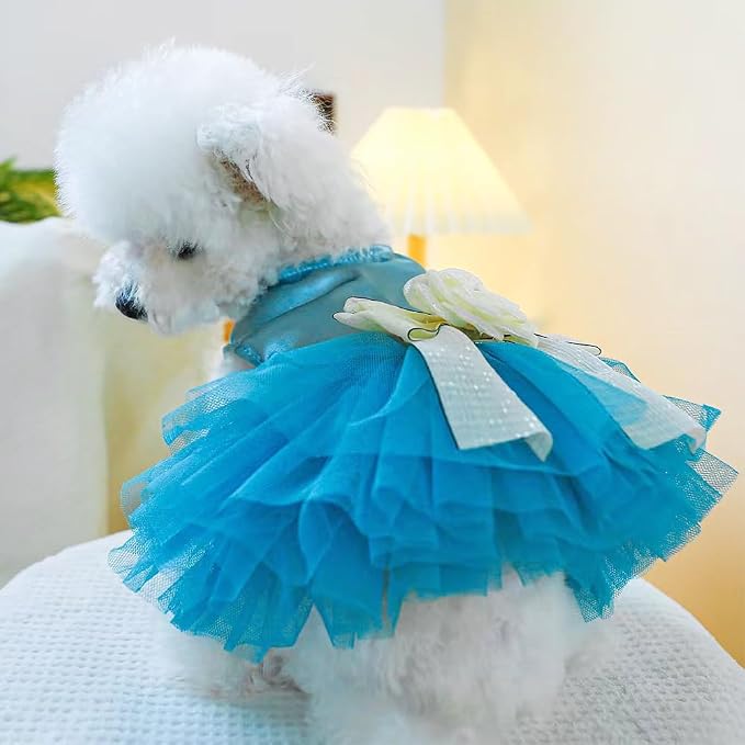 Blue Puppy Dress for Small Dogs with Bow Knot Gorgeous Cat Wedding Dresses Elegant Girl Dog Clothes Pet Party Ball Gown Outfit for Holiday Birthday Engagement Valentines (Sky Blue, Large)