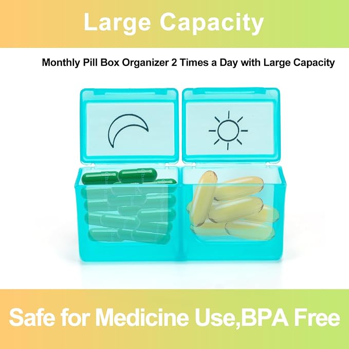 Monthly Pill Organizer 2 Times a Day,30 Day Pill Organizer 2X a Day,Pill Boxes and Organizer 2 Times a Day with Travel Case,Month Pill Box Organizer with 32 Daily Compartments,Moth Pill Box Am Pm