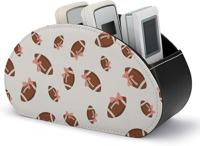TV Remote Control Organizer Pink Bow Football White 5 Compartment Caddy Box | Pink Bow Football White, PU Leather Desk Storage Bag Fits Controller, Makeup Brushes, Media Player, Office Supplies