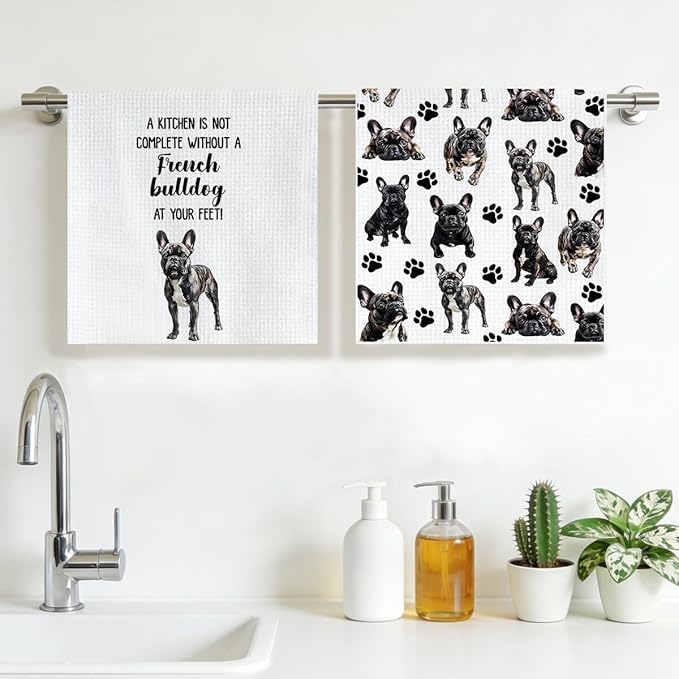 French Bulldog Waffle Weave Kitchen Towels, Quick Dry Multipurpose Hand Towels for Bathroom, Absorbent Reusable Cloth Tea Dish Towels for Home Decor, Dog Lover Gift Towel Set of 2