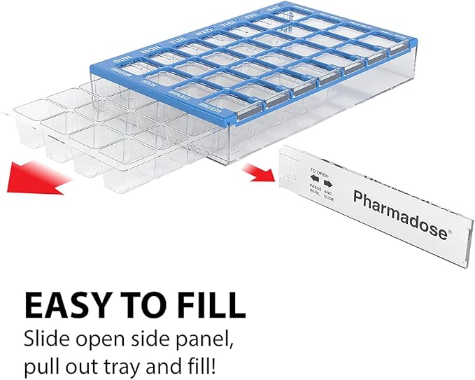 EZY DOSE Weekly (7-Day) Pill Organizer, Vitamin and Medicine Box, Medium Compartments with Easy Fill Tray, 4 Times a Day, Clear Lids, Color May Vary, BPA Free