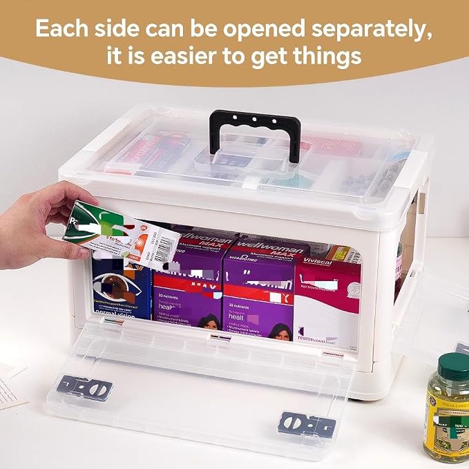 HEY FOLY 30qt Medicine Organizer Storage Box with 4-Side Opening Doors, White Foldable Medication Organizer Empty, Container Case Stackable First Aid Box for Home Storage