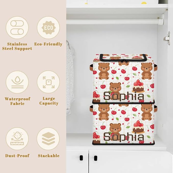 Custom Cute Bear Storage-Bin With Zipper Lid for Kids-Girls-Boys-Baby-Pet,Personalized Name Foldable Storage Box with Handle,Baby Basket With Label for Bedroom Nursery Toy Clothes,White 2