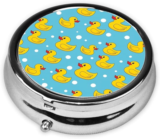 Pocket Pill Box, Waterproof Round Dispenser, Portable Mini Case for Supplements, Daily Use Organizer for Active Lifestyles, Yellow Rubber Duck Print