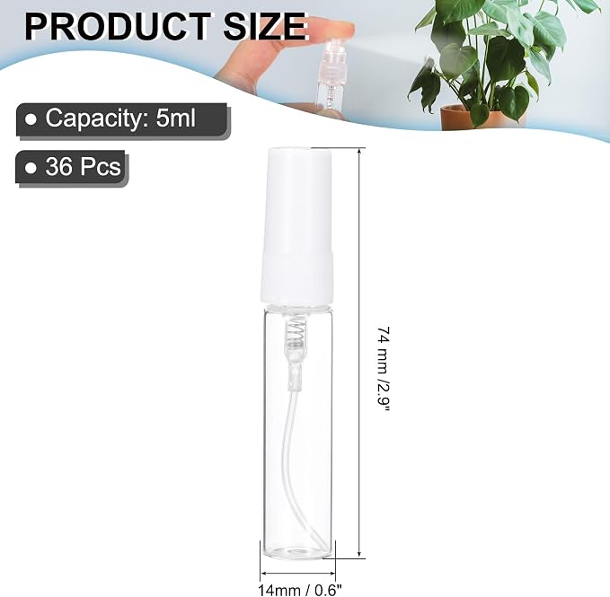 PATIKIL 5ml Glass Mini Perfume Sample Bottles, 36 Pcs Fine Mist Refillable Empty Mini Spray Bottle Fragrance Sample Bottles Sprayer for Perfume Travel Liquid Essential Oil, White