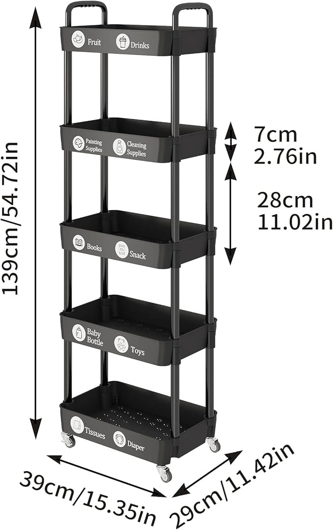 Laiensia Multifunction Utility Rolling Cart, 5-Tier Plastic & Metal Storage Organizer, Black, Lockable Wheels, Modern Style, Indoor Use