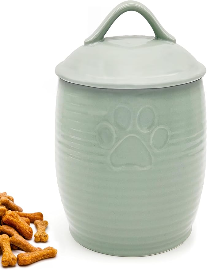 Large Dog Treat Container Airtight, Cute Dog Treat Jar with Lids,Rustic Dog Treat Storage Container, Ceramic Cat Food Jars for Kitchen Counter, Green | Large Capacity Doggie Cookie Jar for Countertop, Airtight Lid Keep Food Fresh, Sturdy Durable, Cute ...