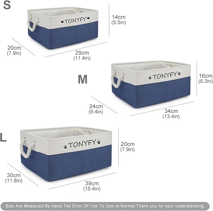 Pet Toy Storage Box Dog Toy Organizer Basket Personalized Large Capacity Collapsible Bin Two-Tone Linen Chest with Sturdy Handles for Living Room Pet Supplies Organizing (White Blue S)