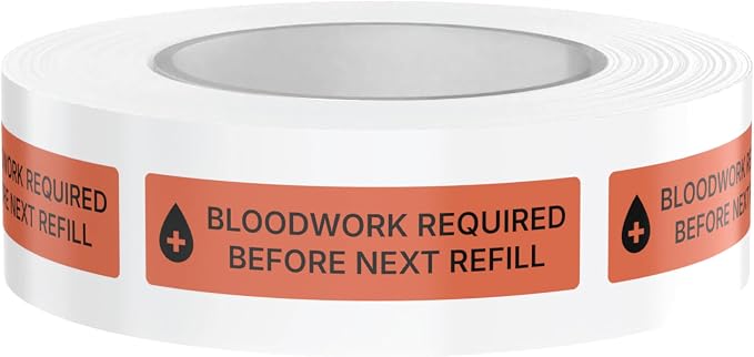 Dispensed Medication Veterinary Pharmacy Labels | Roll of 500 | Clinical-Grade Color-Coded Stickers for Medication Bottles (Bloodwork Required Before Next Refill)