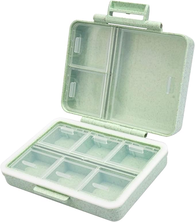 Portable Travel Pill Organizer, 9 Compartments Personal Pill Case | Made from Wheat-Straw Fiber, Daily Small Vitamin Box Dispenser for Pocket Purse, to Hold DHA Supplements Fish Oils, Green