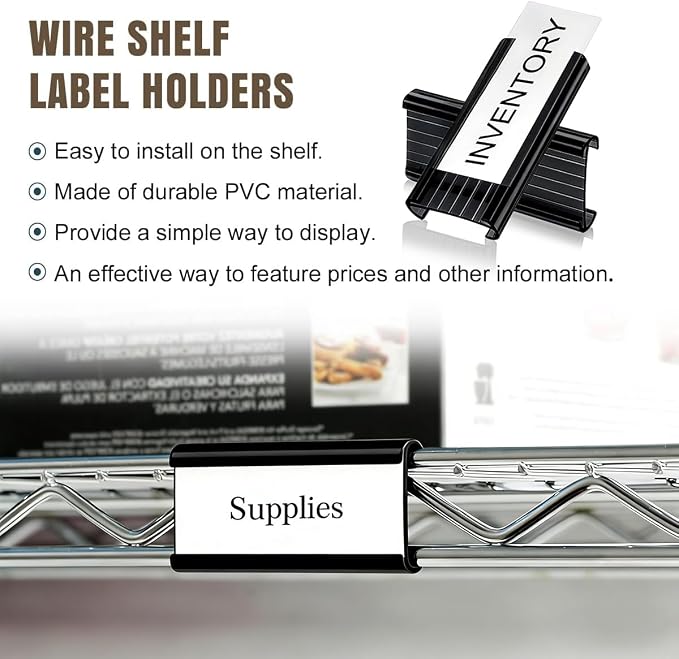30Pcs Wire Shelf Label Holders, Black Plastic Wire Rack Label Holder,Compatible with Metro 1-1/4in Shelves, Label Area 3in Lx1.25in H (Label Paper Insert Included)